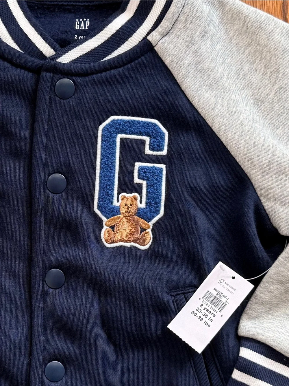 NWT GAP Navy and Gray Kids Varsity Jacket with Bear Patch